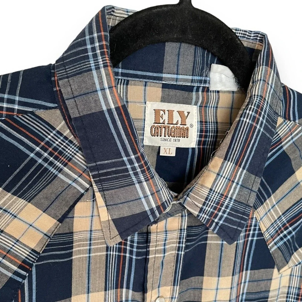 Vintage Ely Cattleman Blue Tan Plaid XL Long Sleeve Western Pearl Snap Shirt - Picture 3 of 3